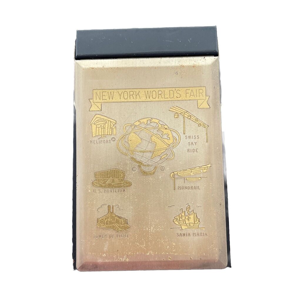 New York Worlds Fair Metal Note Pad‎ Holder Graphics Heliport Sky Ride Monorail